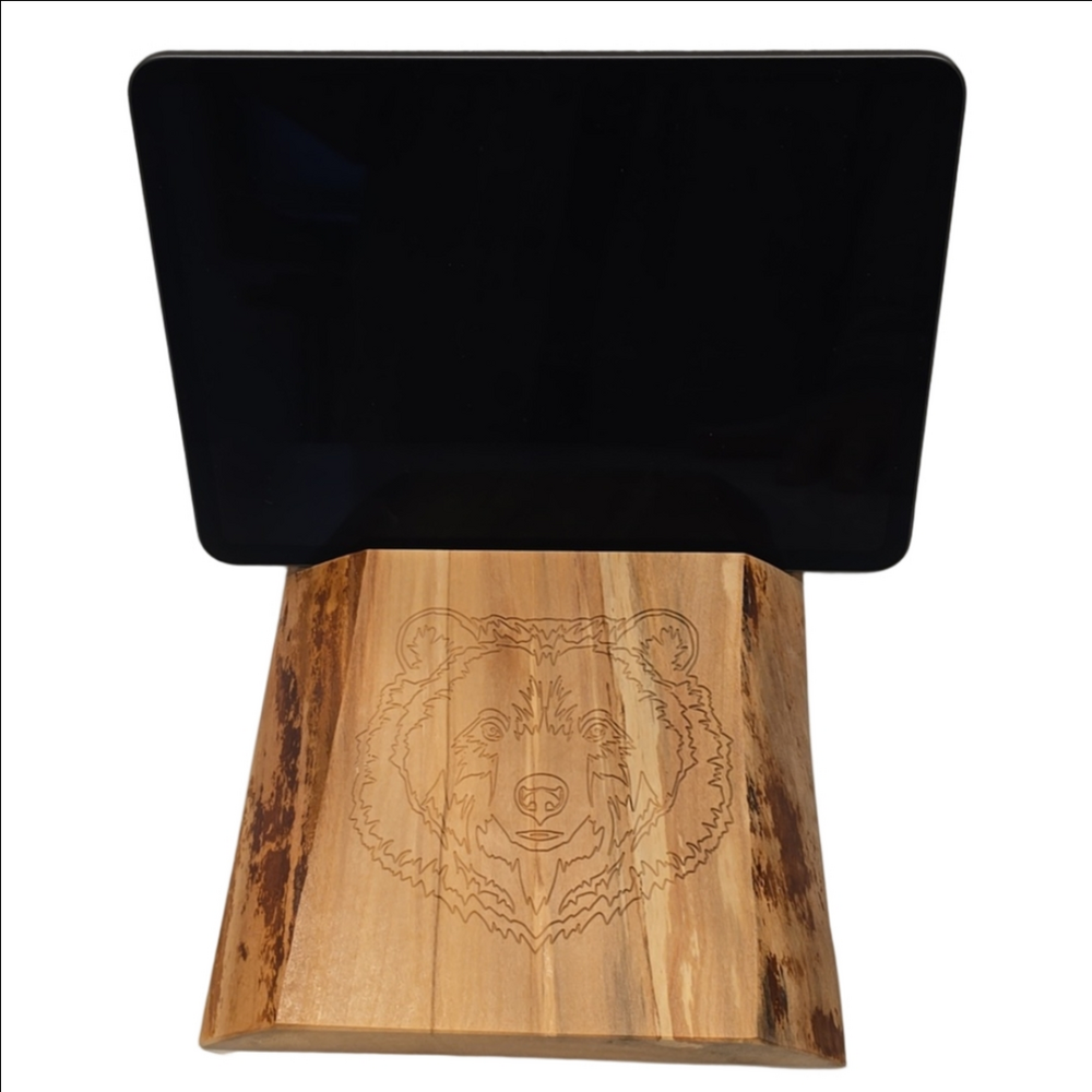 Live Edge Wood Tablet Stand Grizzly Bear Design Handmade in Alaska